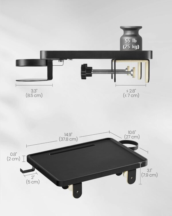 VASAGLE Bedside Shelf for Top Bunk, College Dorm Room Essentials Clip On Nightstand Bedside Storage with Phone Slot, Cup Holder, Hook, Clamps, Dormitory, Loft Accessories, Ink Black ULET301B01 - Image 3