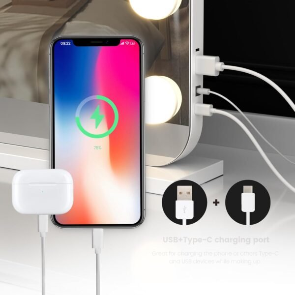 Vanity Mirror with Lights, 23"×18" Hollywood Vanity Mirror with Lights 15 Dimmable LED Bulbs, 3 Color Modes, 10X Magnification, USB Charging Port, Tabletop or Wall-Mounted (White, 23 * 18) - Image 6