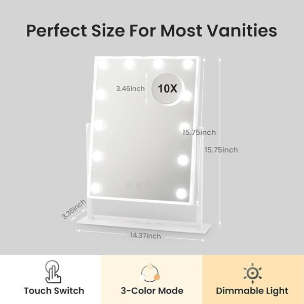 Lighted Makeup Mirror, MILLA Hollywood Makeup Mirror with 12 Bulbs and Smart Touch Control, 3 Color Light Modes, Detachable 10X Magnification, 18.5" x 14.3", White - Image 5