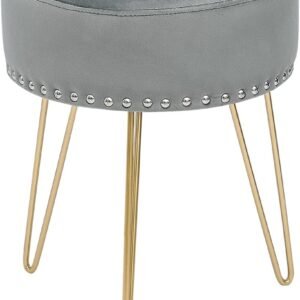 Adeco Round Grey Vanity Stool Chair, Upholstered Makeup Foot Stool Rest Ottoman with Gold Metal Legs for Makeup Room, Living Room