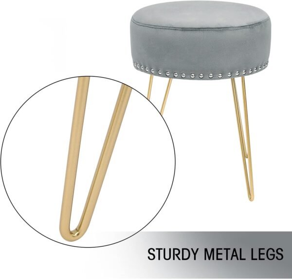 Adeco Round Grey Vanity Stool Chair, Upholstered Makeup Foot Stool Rest Ottoman with Gold Metal Legs for Makeup Room, Living Room - Image 5