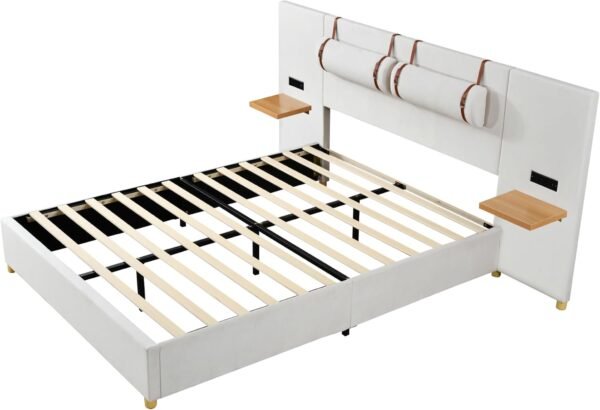 Ball & Cast Queen Upholstered Platform Bed with Oversized Soft Headboard,Wood Bedframe W/Integrated Storage Shelves,Power Outlet & USB Port on Both Sides,for Bedroom Guest Room Apartment,Beige Velvet - Image 9