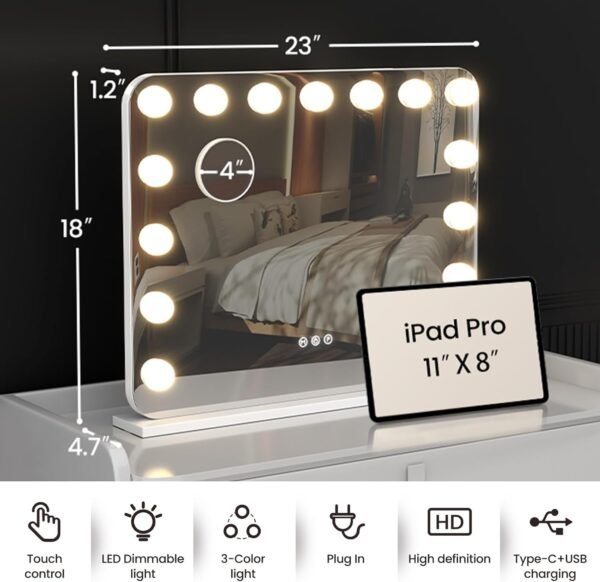 Vanity Mirror with Lights, 23"×18" Hollywood Vanity Mirror with Lights 15 Dimmable LED Bulbs, 3 Color Modes, 10X Magnification, USB Charging Port, Tabletop or Wall-Mounted (White, 23 * 18) - Image 7