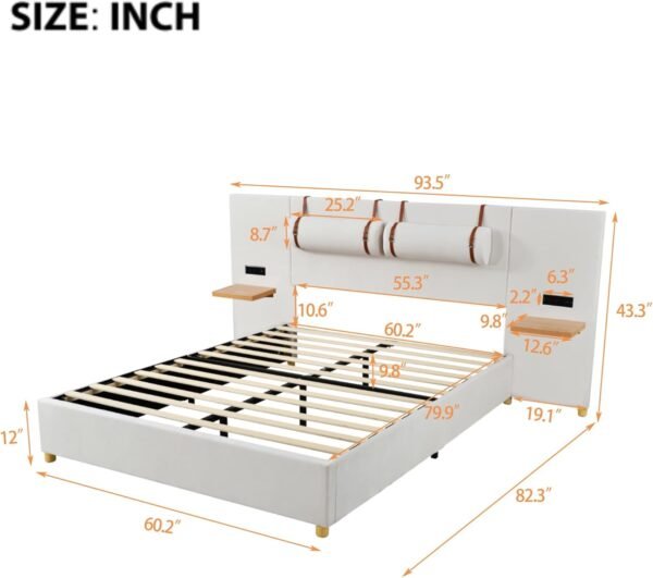 Ball & Cast Queen Upholstered Platform Bed with Oversized Soft Headboard,Wood Bedframe W/Integrated Storage Shelves,Power Outlet & USB Port on Both Sides,for Bedroom Guest Room Apartment,Beige Velvet - Image 2