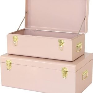 Vixdonos Metal Trunks College Dorm Steel Chests Decorative Storage Box Set of 2 Bedroom Organizer for Home Decor,23.7X14.2X9.5 Inches(Pink)