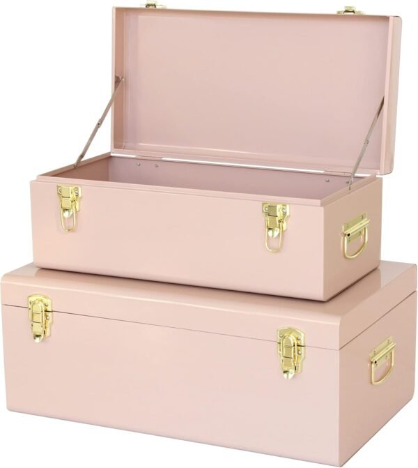 Vixdonos Metal Trunks College Dorm Steel Chests Decorative Storage Box Set of 2 Bedroom Organizer for Home Decor,23.7X14.2X9.5 Inches(Pink)