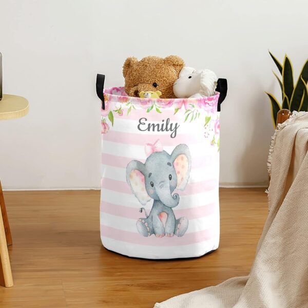 Pink Girl Elephant Personalized Freestanding Laundry Hamper, Custom Waterproof Collapsible Drawstring Basket Storage Bins with Handle for Clothes, Toy, 50cm x 36cm - Image 3