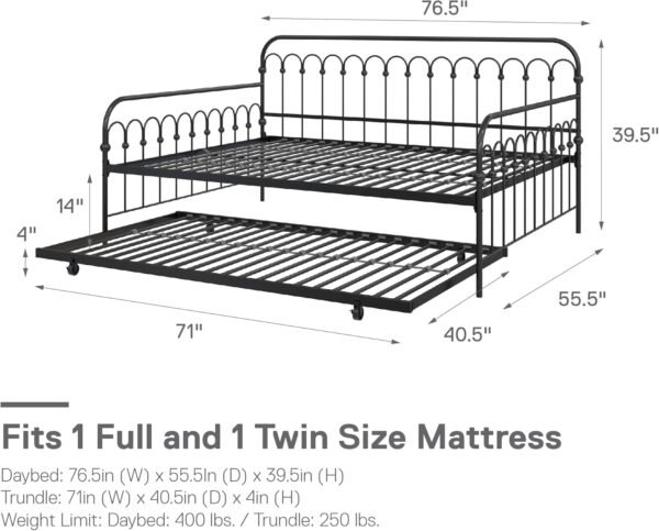 Novogratz Bright Pop Full Metal Daybed with Twin Trundle Bed, Black - Image 2