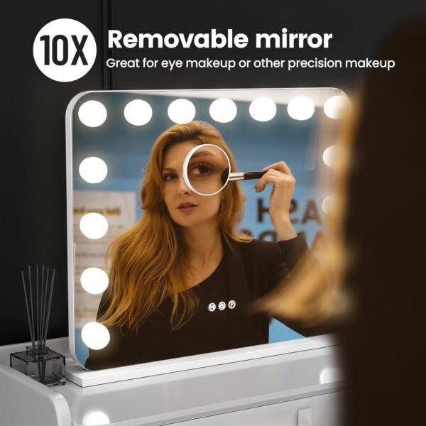 Vanity Mirror with Lights, 23"×18" Hollywood Vanity Mirror with Lights 15 Dimmable LED Bulbs, 3 Color Modes, 10X Magnification, USB Charging Port, Tabletop or Wall-Mounted (White, 23 * 18) - Image 5