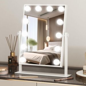 Vanity Mirror with Lights 12.6″ x 18.6″ Lighted Makeup Mirror 12 Dimmable Bulb – Smart Touch Hollywood Vanity Mirror, Lights Tabletop Makeup Mirror, 360°Rotation(White)