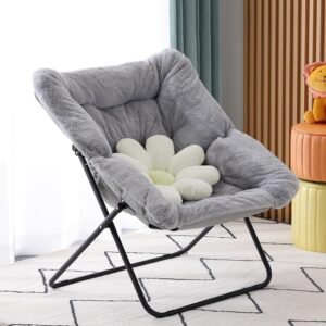 Comfy Saucer Chair, Soft Faux Fur Oversized Folding Accent Chair, Flexible Lounge Lazy Chair for Adults Kids, Metal Frame Moon Chair for Dorm Room, Bedroom, Living Room