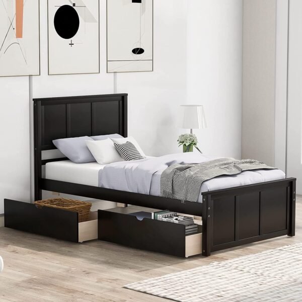 Harper & Bright Designs Twin Bed with Storage Drawers, Solid Wood Platform Bed Frame with Headboard - Espresso - Image 3