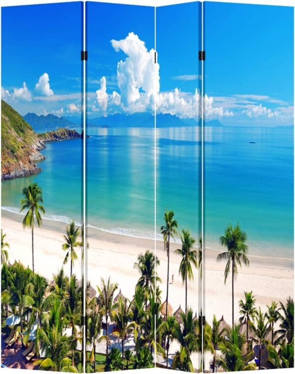 TOA 4 Panels Privacy Screen Room Divider Partition with Beach Hut Canvas, Water Resistant for Living Room, Bathroom, Home Office or College Dorm, Wood Frame