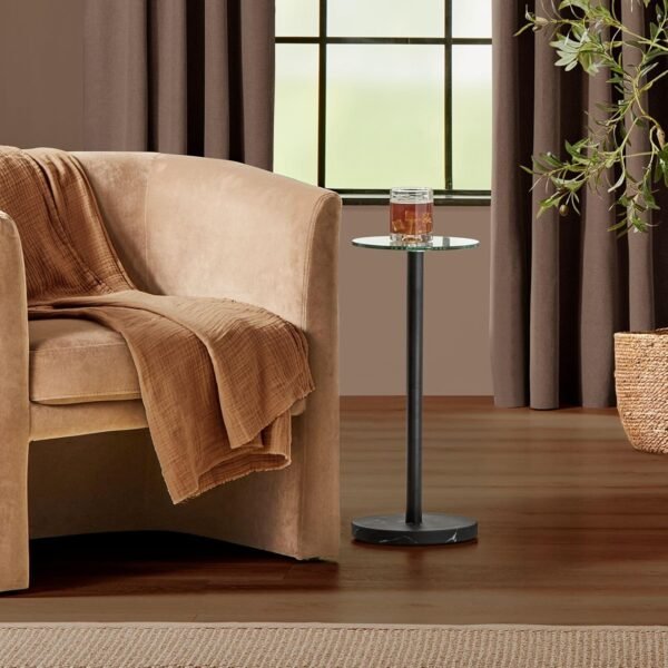 mDesign Glass Top Side/End Drink Table - Small Modern Round Accent Metal Nightstand Furniture for Living Room, Dorm, Home Office, and Bedroom - 9" Round - Clear/Matte Black Marble Print - Image 2