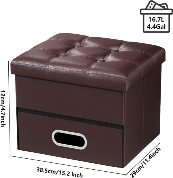 AmasSmile Storage Ottoman Foot Rest Stool, 17 inch Leather Folding Footstool Bench, Short Ottoman Bench, Storage Foot Rest Store, Books, Brown - Image 2