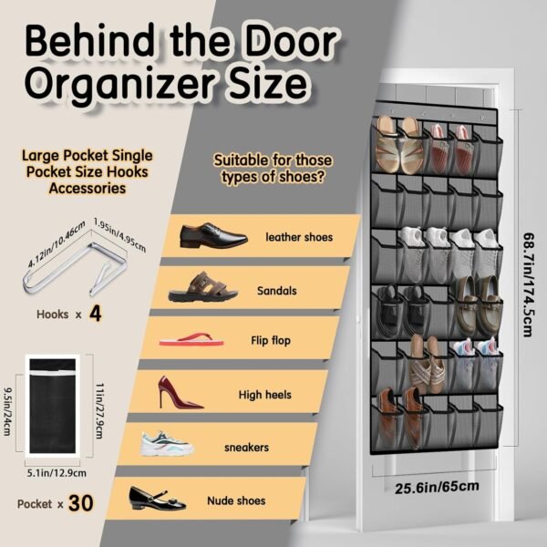 30 Compartment Breathable Mesh Pocket Over the Door Hanging Shoe Organizer, Closet Shoe Organizer, Large Men's and Women's Shoe Organizer, Hanging Over the Door Shoe Organizer (updated model-Gray) - Image 3