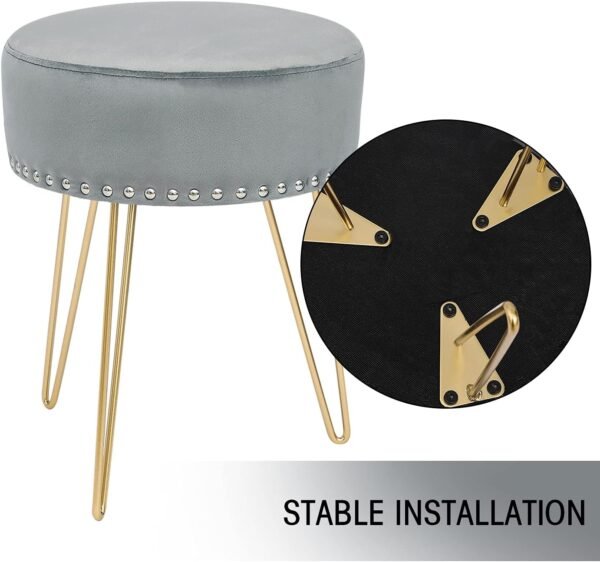 Adeco Round Grey Vanity Stool Chair, Upholstered Makeup Foot Stool Rest Ottoman with Gold Metal Legs for Makeup Room, Living Room - Image 6