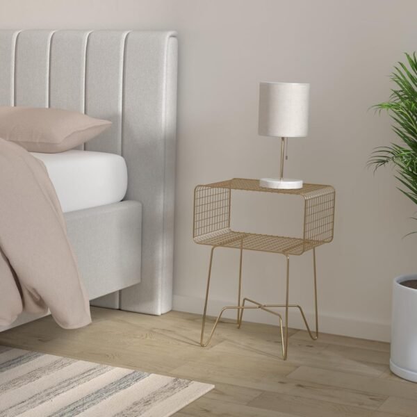 mDesign Modern Industrial Side Table with Storage Shelf, 2-Tier Metal Minimal End Table, Metallic Caged Grid - Accent Furniture for Living Room, Bedroom, Office, Dorm, Concerto Collection, Soft Brass - Image 2