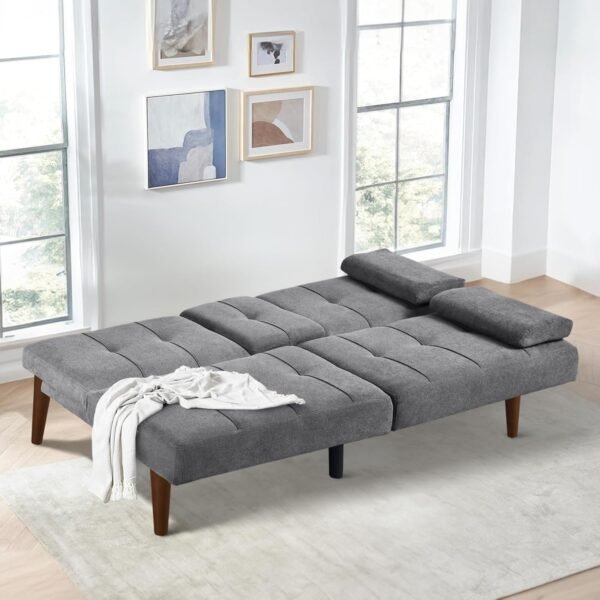 COLAMY Futon Sofa Bed-Fabric Small Futon Couch, Futon Lounge Sofa, Futon Convertible with 2 Cup Holders, Removable Soft Armrest, Adjustable Backrest for Dorm/Bedroom/College Lightgrey - Image 2