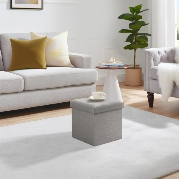 VECELO Storage Ottoman, 11.8'' Folding Footstools, Multipurpose Foot Rest Stool, Foldable Linen Fabric Ottomans, Small Square Ottoman Cube for Living Room/Bed Room/Dorm, Grey - Image 2
