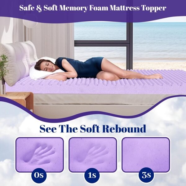 BlissTrends 3 Inch Memory Foam Mattress Topper Queen Size, Extra Thick Plush Mattress Pad, Gel Infusion, CertiPUR-US Certified Mattress Topper for College, Dorm, Bedroom - Purple - Image 4