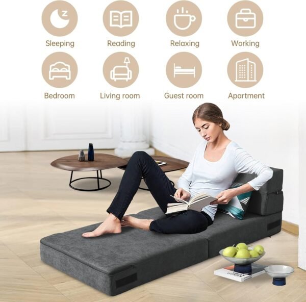 Folding Sofa Bed Single Size with Pillow Memory Foam Convertible Sleeper Chair Floor Couch Futon Lazy for Living Room/Home Office/Guest Beds/Apartment/Upstairs Loft,Dark Gray - Image 7