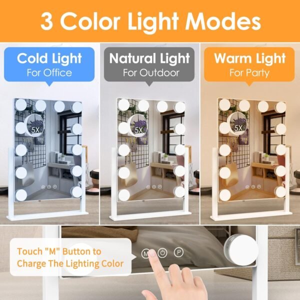 Vanity Mirror with Lights, Hollywood Lighted Makeup Mirror with 3 Color Lighting Modes and 12 Dimmable Bulbs, Detachable 5X Magnification, Smart Touch Control, 360°Rotation, White - Image 2