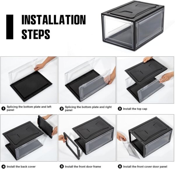 12 Pack Shoe Boxes, Clear Acrylic Plastic Shoe Boxes Stackable, Space-Saving Foldable Drop Front Shoe Storage Boxes Container for With Lids Fits Up to Size 15 (Dark Black) - Image 5