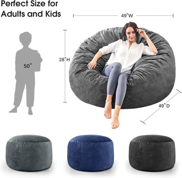 Bean Bag Chairs for Adults - Giant Bean Bag Chair Convertible Bean Bag Bed - Beanbag Chair with Removable Cover/Bean Bag Couch Sofa - Foam Filler Furniture in Bedroom Dorm Room - 5Ft Grey - Image 3