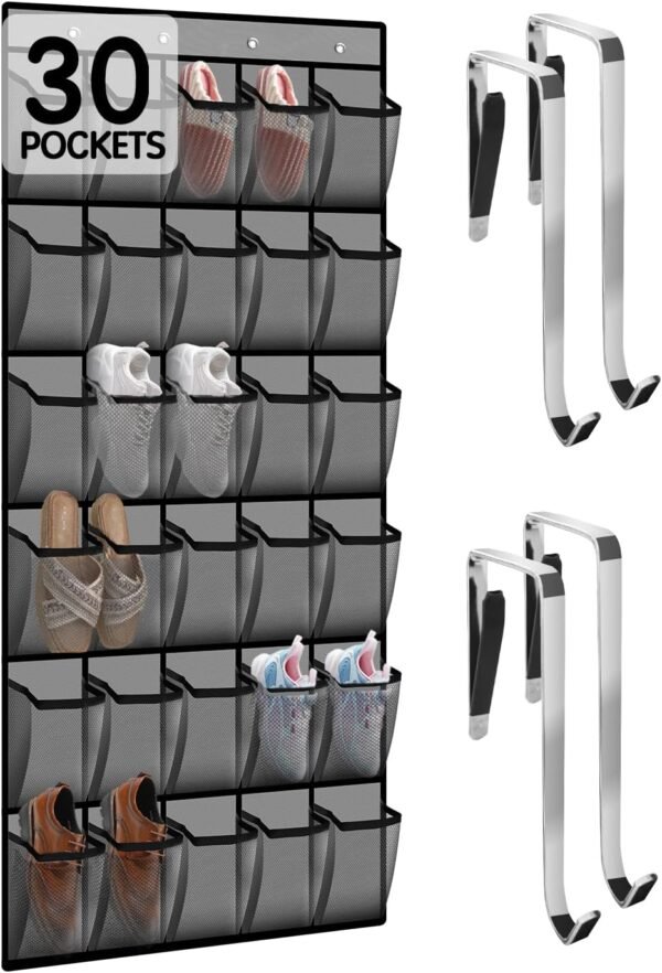 30 Compartment Breathable Mesh Pocket Over the Door Hanging Shoe Organizer, Closet Shoe Organizer, Large Men's and Women's Shoe Organizer, Hanging Over the Door Shoe Organizer (updated model-Gray)