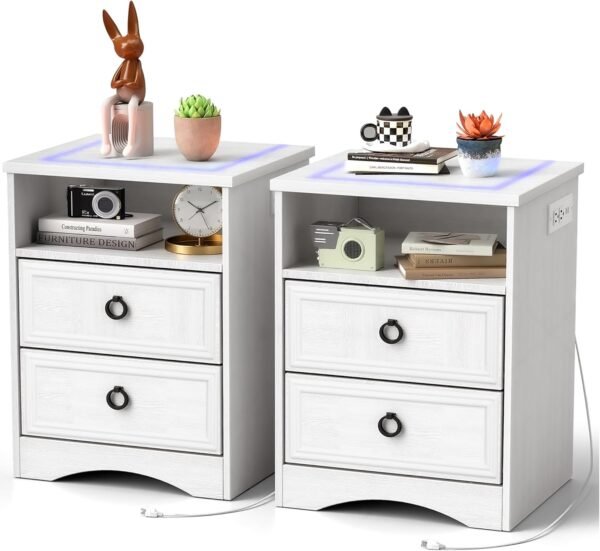White Nightstand Set of 2 with Charging Station, Smart LED Night Stand Set 2 with 2 Storage Drawers, Farmhouse Wood Bed Side Table End Table with USB Ports and Outlets for Bedroom, Office - Image 9