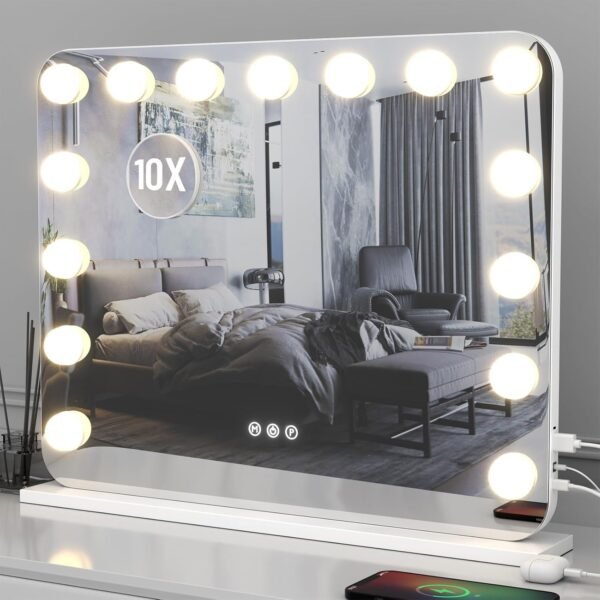 Vanity Mirror with Lights, 23"×18" Hollywood Vanity Mirror with Lights 15 Dimmable LED Bulbs, 3 Color Modes, 10X Magnification, USB Charging Port, Tabletop or Wall-Mounted (White, 23 * 18)