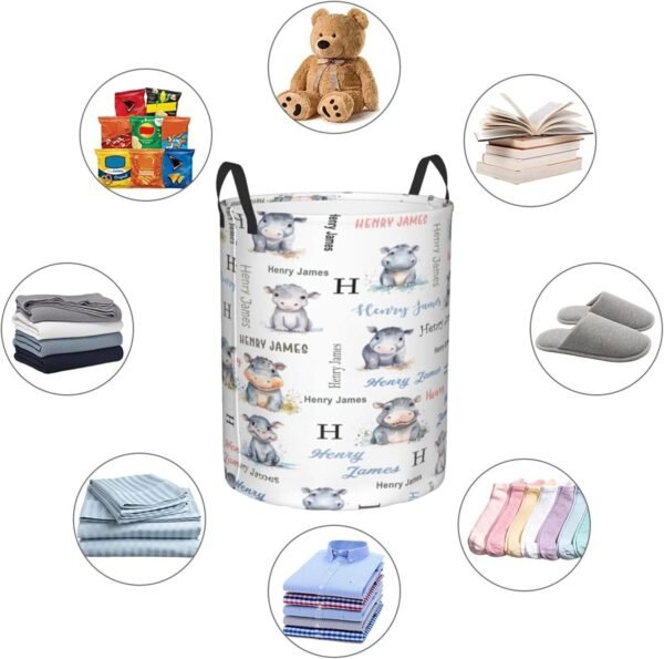 Hippo Baby Hamper for Nursery Girl Personalized Baby Hamper Boy with Name Round Bin with Handles Kids Collapsible Storage Organizer Basket Custom Nursery Hampers Home Decor - Image 4