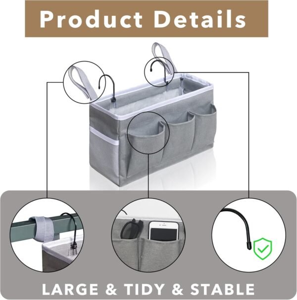 2pcs Bedside Caddy Storage Organizer, Hanging Bag Holder with Pockets for Bedroom, Loft Bed Tent, Bed Curtain, Top Bunk bed Shelf Accessories (Gray) - Image 4