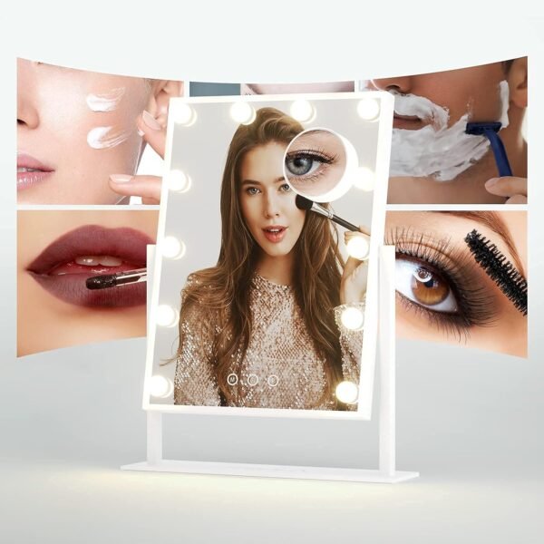 Lighted Makeup Mirror, MILLA Hollywood Makeup Mirror with 12 Bulbs and Smart Touch Control, 3 Color Light Modes, Detachable 10X Magnification, 18.5" x 14.3", White - Image 3
