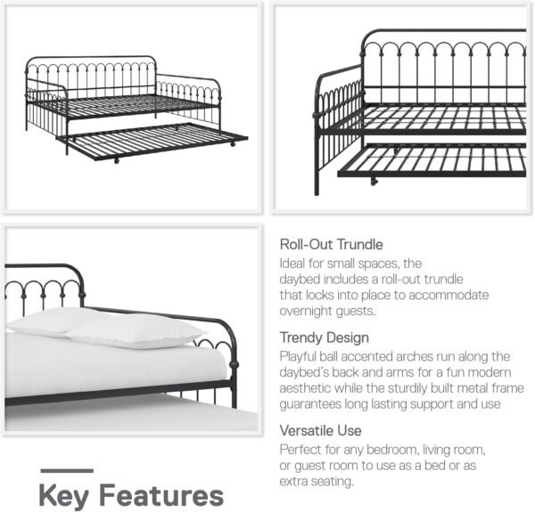 Novogratz Bright Pop Full Metal Daybed with Twin Trundle Bed, Black - Image 4