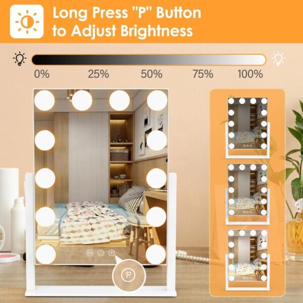 Vanity Mirror with Lights, Hollywood Lighted Makeup Mirror with 3 Color Lighting Modes and 12 Dimmable Bulbs, Detachable 5X Magnification, Smart Touch Control, 360°Rotation, White - Image 3