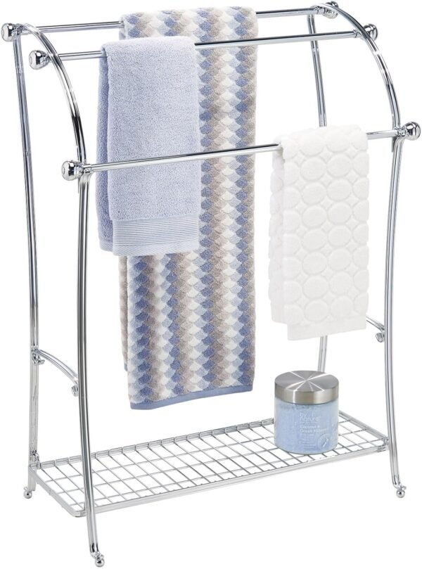 mDesign Large Standing Metal Bathroom Towel Holder Stand with Shelf - 3-Tier Towel Rack Stand for Hanging Bath, Hand, and Fingertip Towels - Towel Stand for Bathroom - Hyde Collection - Chrome - Image 6