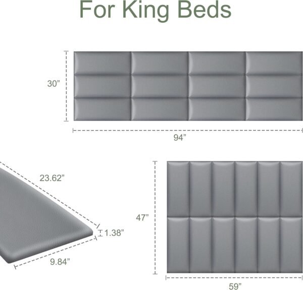 Tbfit Upholstered Wall Mounted Headboard for King Size Bed, Soundproof Peel and Stick Headboards, Tufted Floating Dorm Bed Headboard, Pack of 12 Panels Sized 10” x 24”, Leather Grey - Image 2