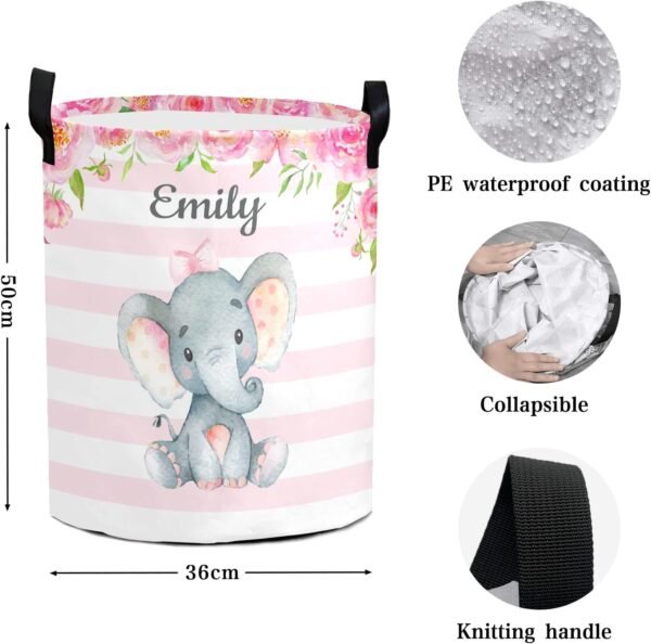 Pink Girl Elephant Personalized Freestanding Laundry Hamper, Custom Waterproof Collapsible Drawstring Basket Storage Bins with Handle for Clothes, Toy, 50cm x 36cm - Image 5