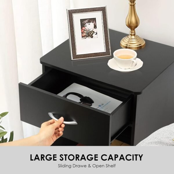 VOWNER 2 PCS Black Nightstand with Drawer and Storage Shelf, Bedside Table End Tables, File Cabinet Storage with Sliding Drawers and Shelf for Bedroom - Image 4