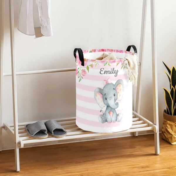 Pink Girl Elephant Personalized Freestanding Laundry Hamper, Custom Waterproof Collapsible Drawstring Basket Storage Bins with Handle for Clothes, Toy, 50cm x 36cm - Image 4