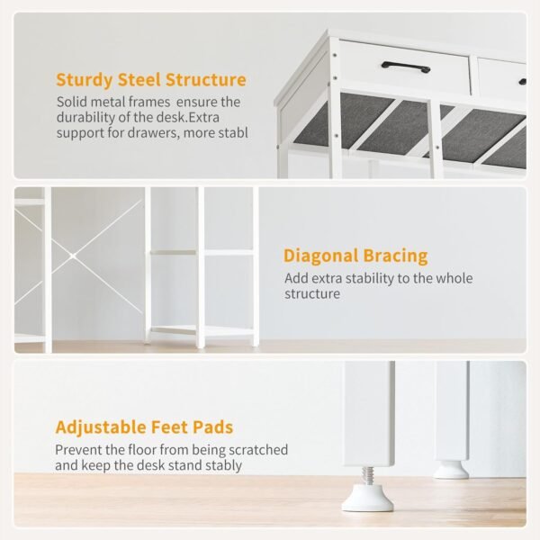 CubiCubi 47 Inch Computer Desk with 3 Drawers and Storage Shelves, Small Home Office Desk, Study Writing Gaming Table, Small Desk for Bedroom, White - Image 6