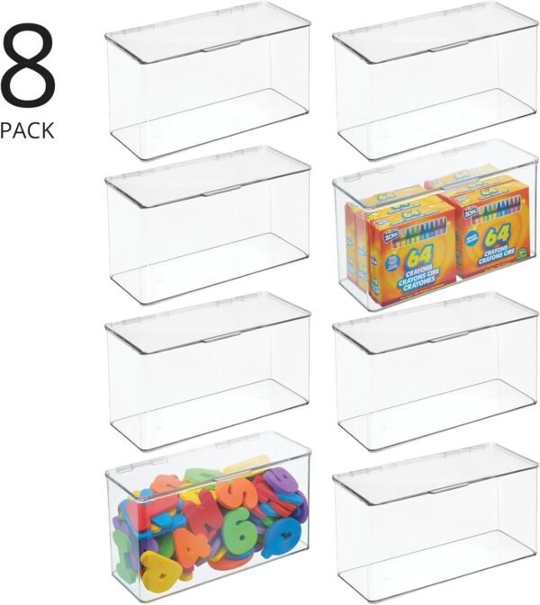 mDesign Plastic Stackable Playroom/Gaming Storage Organizer Bin Box with Hinged Lid for Drawer or Cabinet - Organize Electronics, Crayons, Games, Blocks, Toys, Lumiere Collection - 8 Pack - Clear - Image 2