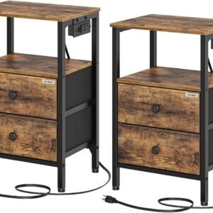 Nightstands Set of 2, Dorm Night Stand with Charging Station, Bedside Tables with 2 Non-Woven Drawers, Side Table for Dorm Room, End Table for Small Spaces, College, Living Room ET02L2BR