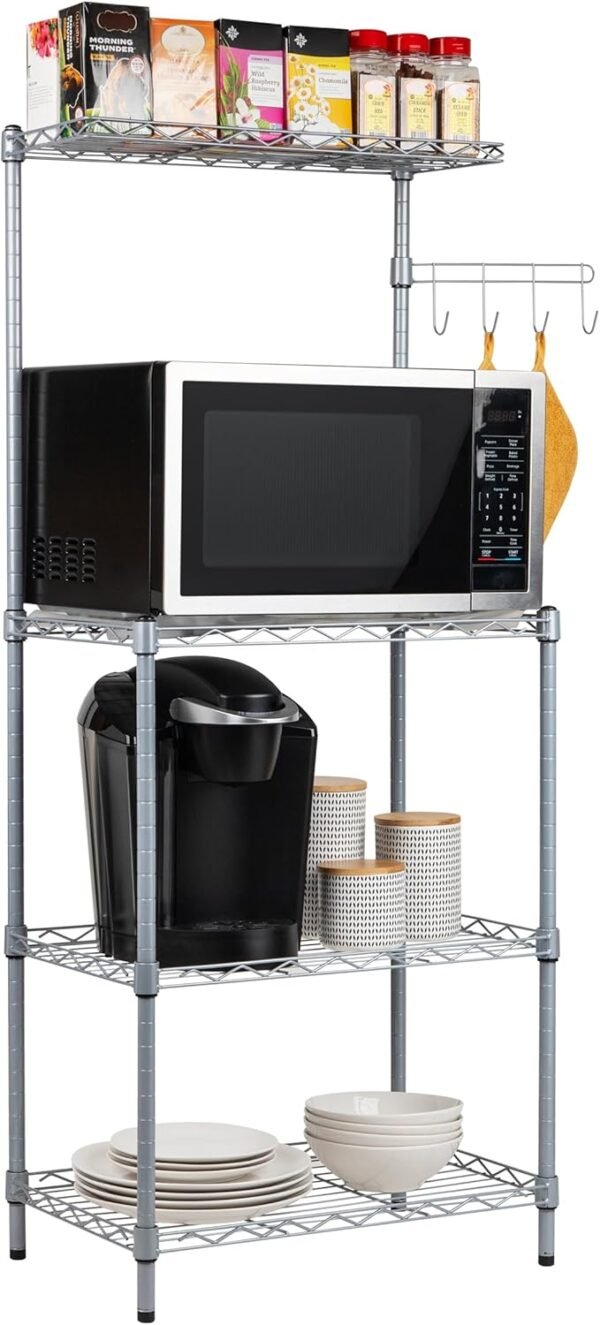 Mind Reader Microwave Rack with Storage, Bakers Rack, Utility Shelf, Kitchen, Metal, 21.25"L x 13.5"W x 50"H, Silver