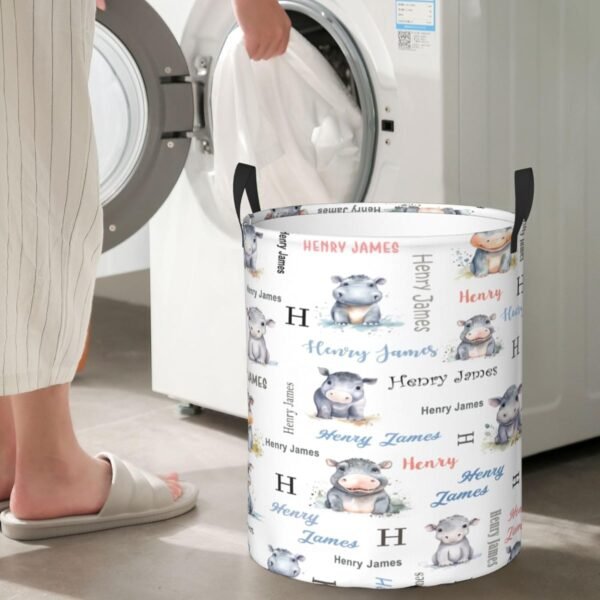 Hippo Baby Hamper for Nursery Girl Personalized Baby Hamper Boy with Name Round Bin with Handles Kids Collapsible Storage Organizer Basket Custom Nursery Hampers Home Decor - Image 5