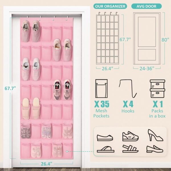 Over The Door Shoe Organizers Pink with 35 Mesh Pockets Baby Organizer Storage Hanging Shoe Organizer Shoe Holder Rack For Toddler Girl Room Baby Room Craft Room Bedroom Pantry Bathroom Closet - Image 7