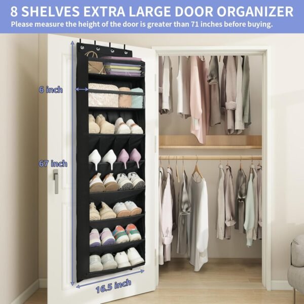 FENTEC 1 Pack 8 Shelves Over The Door Shoe Organizer,68" Exlarge Deep Pockets Hanging Shoe Organizers, Shoe Rack for Closet, Shoe Holder for Boots,Over Door Organizer in Home, RV, Dorm, Black - Image 2