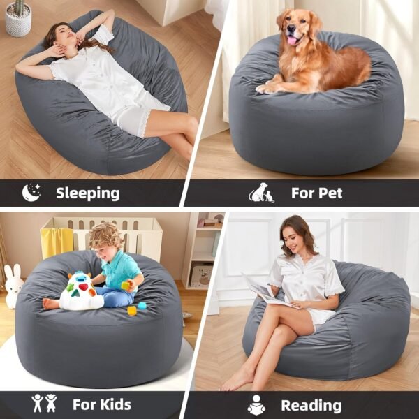 Bean Bag Chairs 4ft - Memory Foam Bean Bag Chairs for Adults/Teens with Filling Sofa with Soft Micro Fiber Cover - Round Fluffy Couch for Living Room Bedroom College Dorm - Image 4